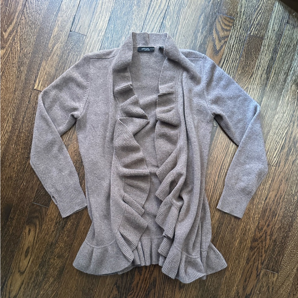 Saks Fifth Avenue Taupe Tan Cashmere Ruffled Cardigan